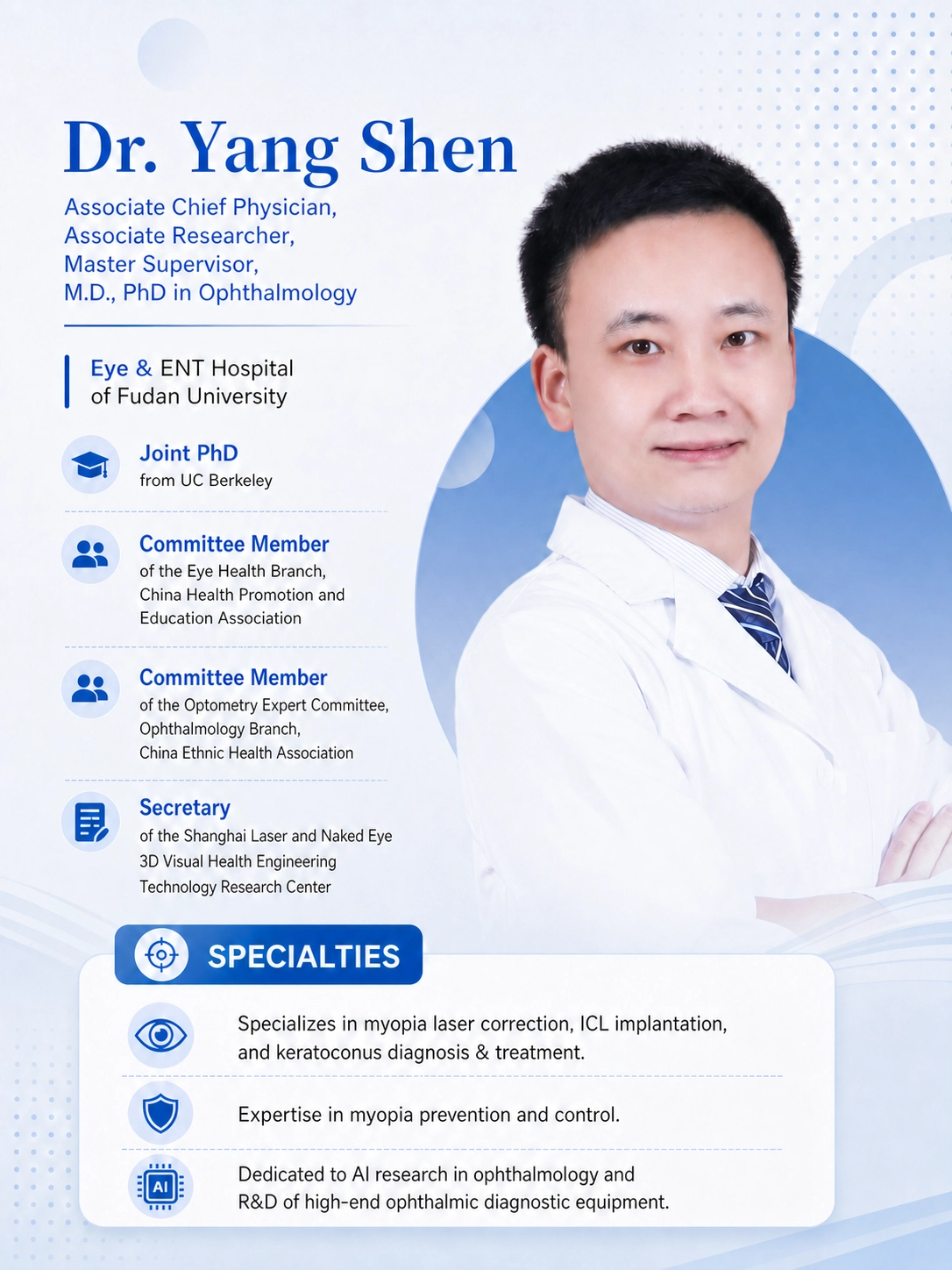 Professional profile poster featuring Dr. Yang Shen, an ophthalmologist with titles and affiliations, including eye and ENT hospital of Fudan University, UC Berkeley, Chinese health organizations, and a focus on myopia laser correction and AI research in ophthalmology.