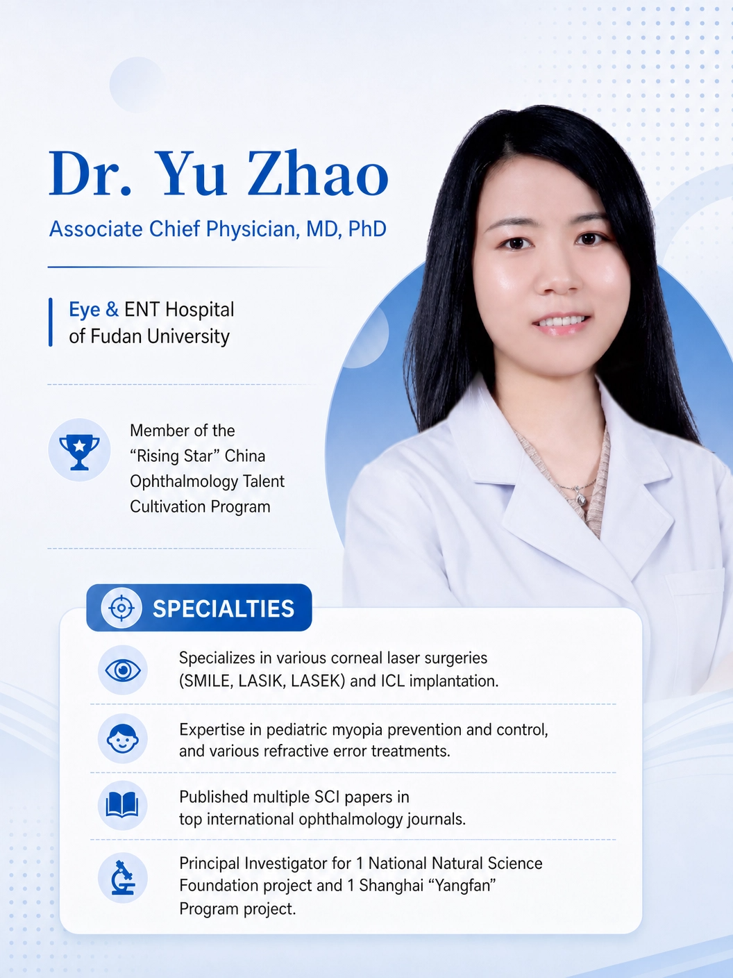Professional profile of Dr. Yu Zhao, Associate Chief Physician MD PhD, with a photo of her in a white lab coat. Includes her credentials, associations, specialties, and accomplishments in ophthalmology.