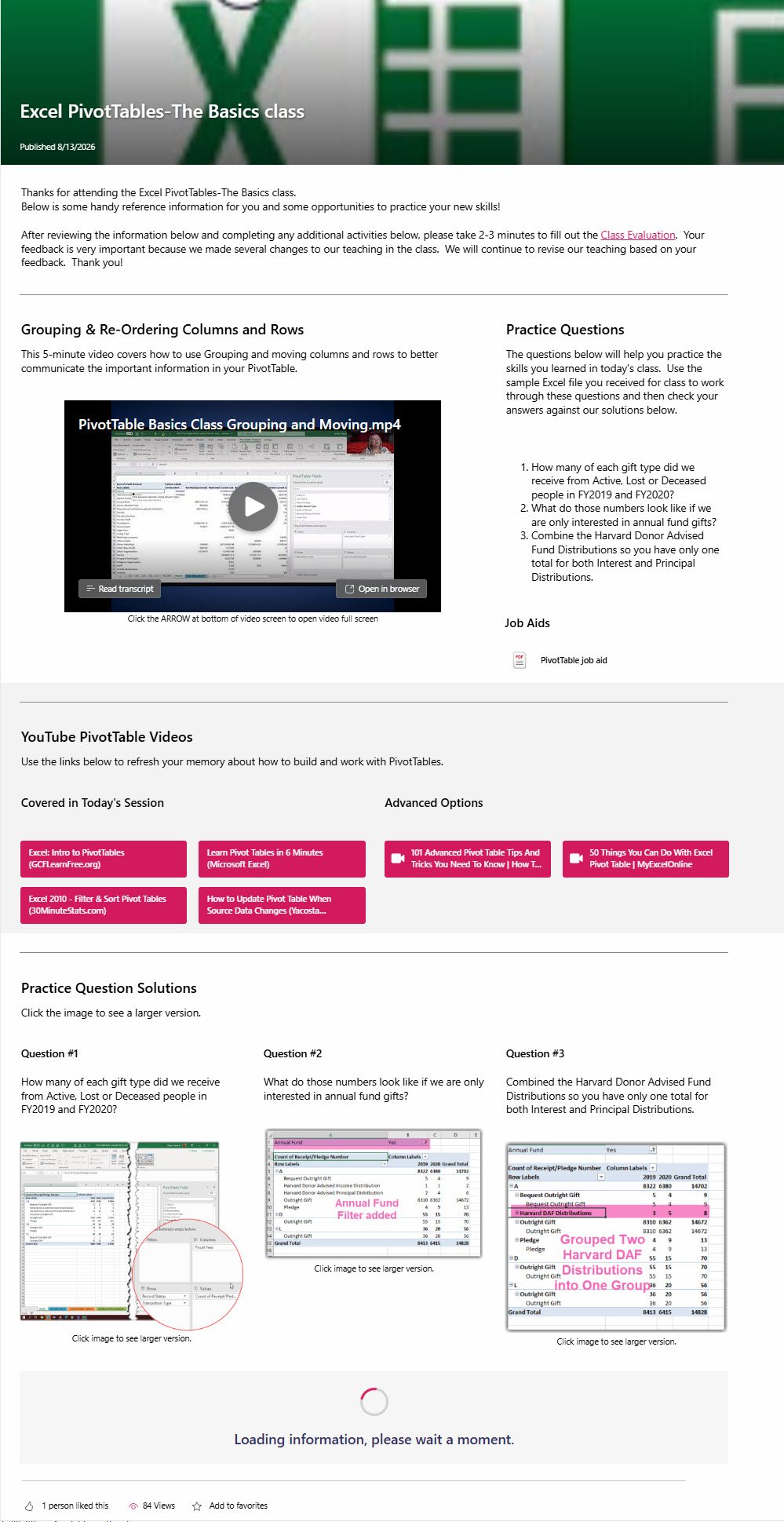 Intranet course site for Excel Pivot Table