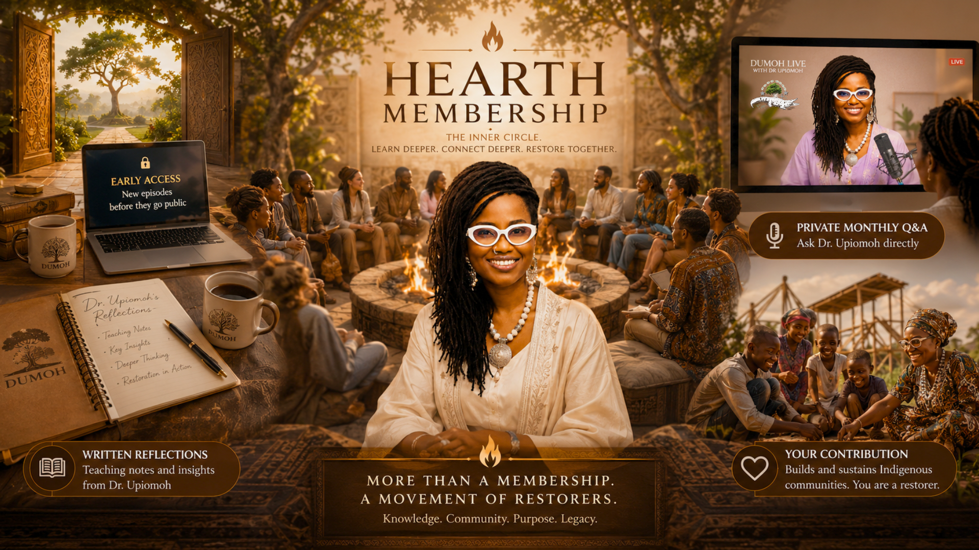 A Chat GTP AI created image of The DUMOH Live Hearth Membership - Host, DUMOH Live with Dr Upiomoh - Indigenous Civilizational Educator, Heritage-Driven Leadership Strategist, and Charming Storyteller