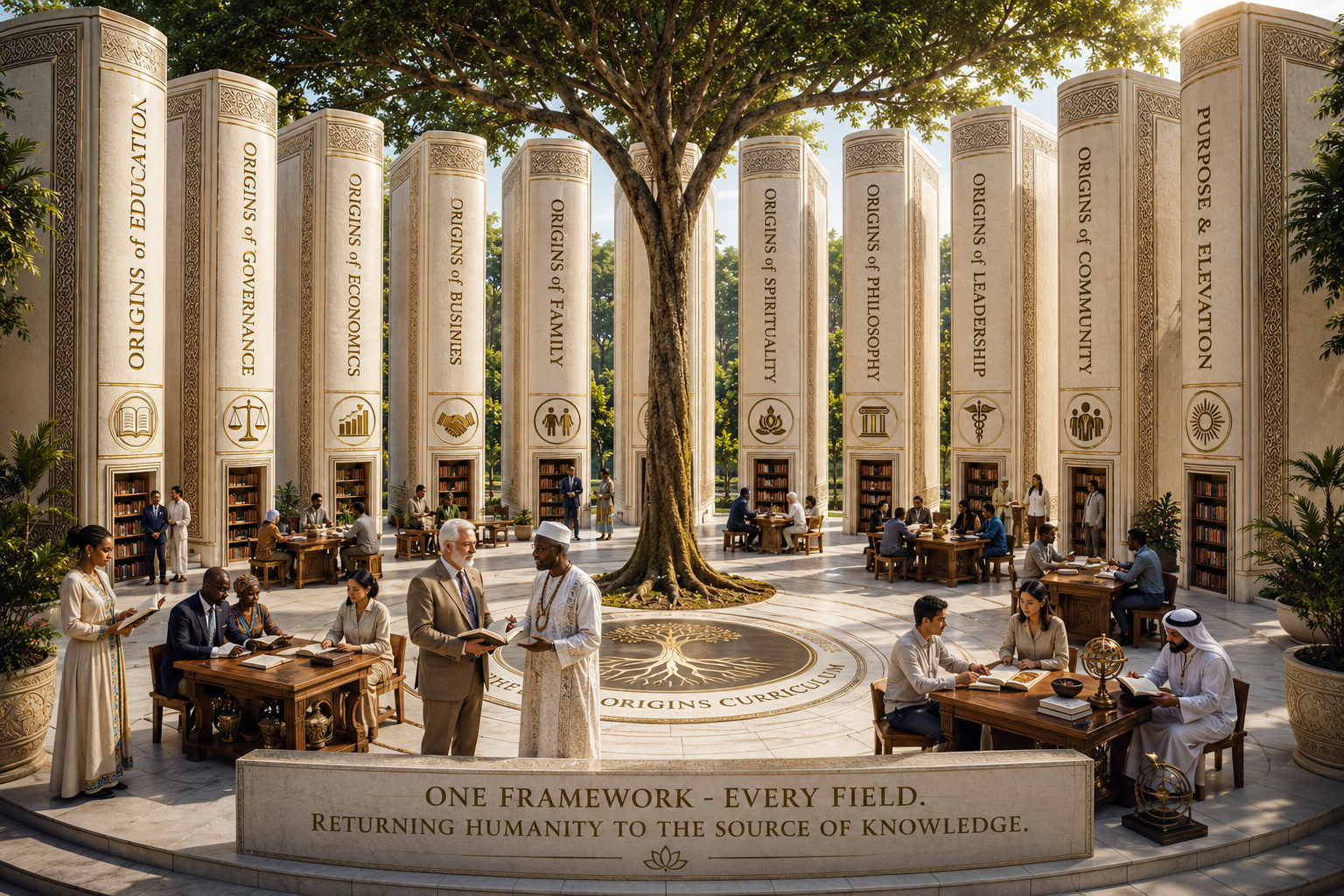 A grand library featuring tall marble pillars with gold lettering and icons representing various fields such as education, governance, economics, family, spirituality, philosophy, leadership, community, and elevation. People are engaged in reading, discussions, and study at wooden tables, with a large tree in the center and a circular floor design reading "The Origins Curriculum." A marble plaque in the foreground states, "One framework - every field, returning humanity to the source of knowledge." The scene depicts a diverse group of individuals studying and collaborating in an open, elegant space filled with natural light.