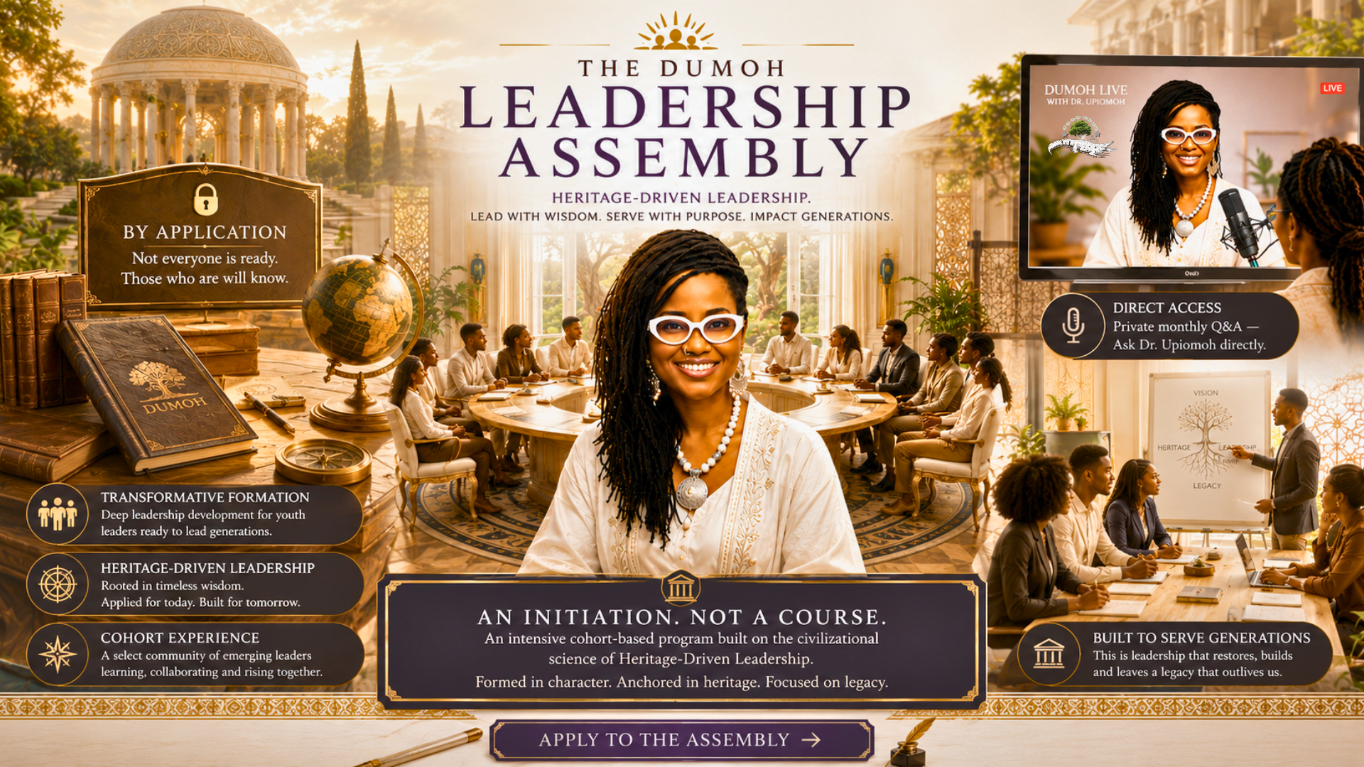 Promotional image for The Dumoh Leadership Assembly featuring a woman with glasses and dreadlocks leading a leadership event with a round table of diverse professionals, a large screen, and various informational sections about heritage-driven leadership and foundational values.