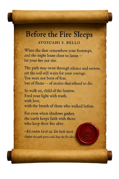 A scroll with a poem titled 'Before the Fire Sleeps' by Avosuahi S. Bello, adorned with a red wax seal at the bottom right.