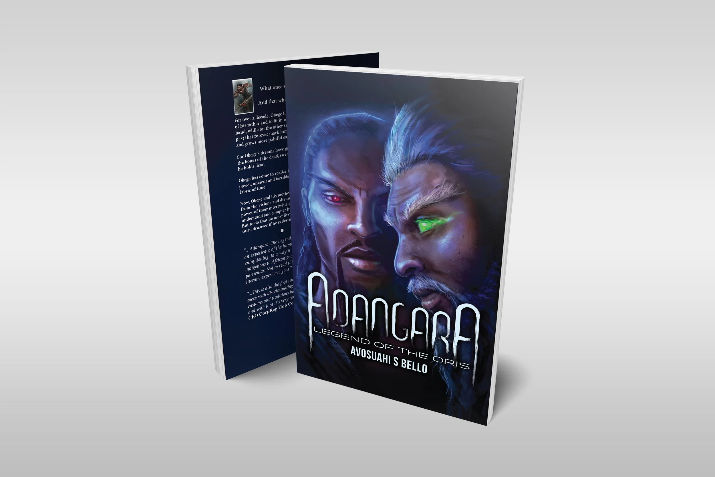 Book titled "APONGARA: Legend of the Oris" by AvosuaHi S Bello featuring fantasy artwork of two fierce-looking characters with glowing eyes, one with red eye and the other with green eye, with intense expressions.