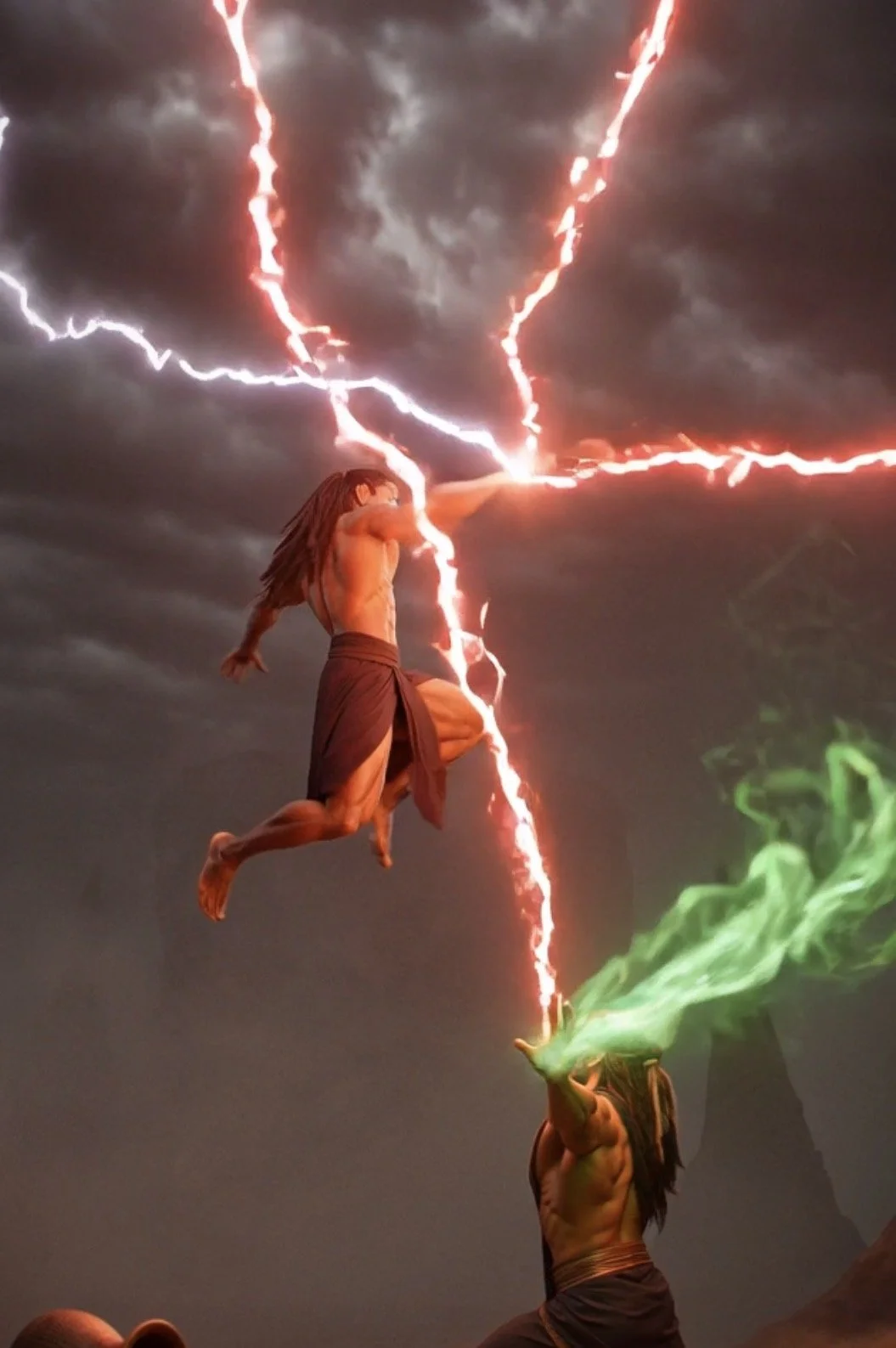 A muscular man in brown cloth jumps mid-air, reaching out to a woman with long dark hair, who is emitting green light from her hand. The background shows a stormy sky with red and white lightning.