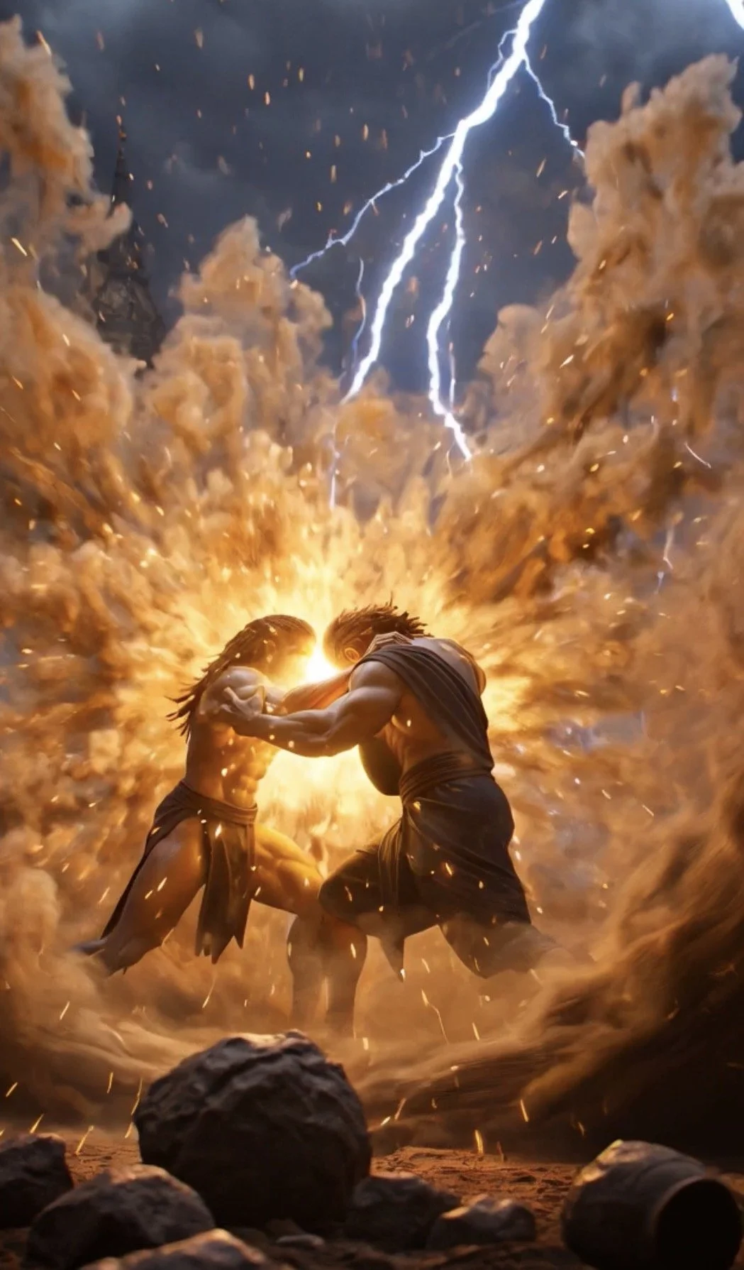 Two muscular men fighting, surrounded by explosion and lightning in a fiery scene