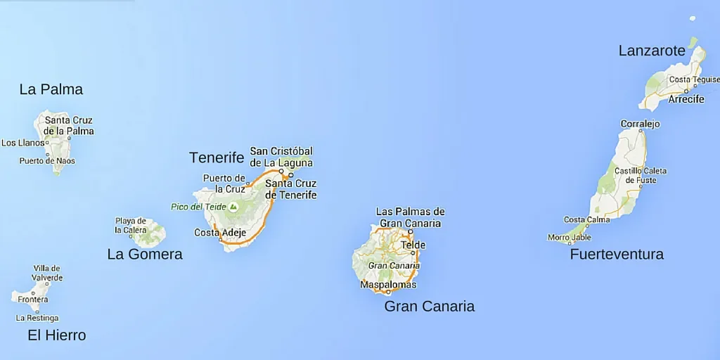 Kaart van de Canarische Eilanden met de namen van verschillende eilanden zoals Lanzarote, Fuerteventura, Gran Canaria, Tenerife, La Palma, La Gomera, El Hierro en de hierbij horende locaties marked.