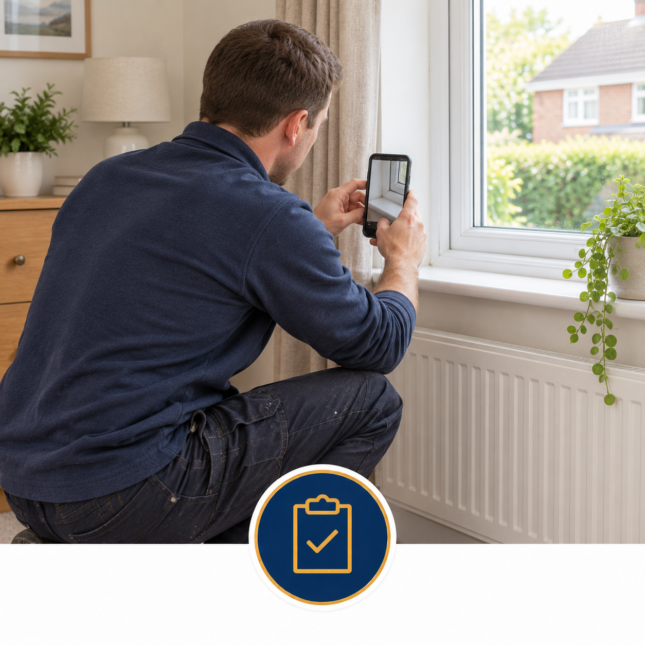 Person photographing a window during a visual maintenance check