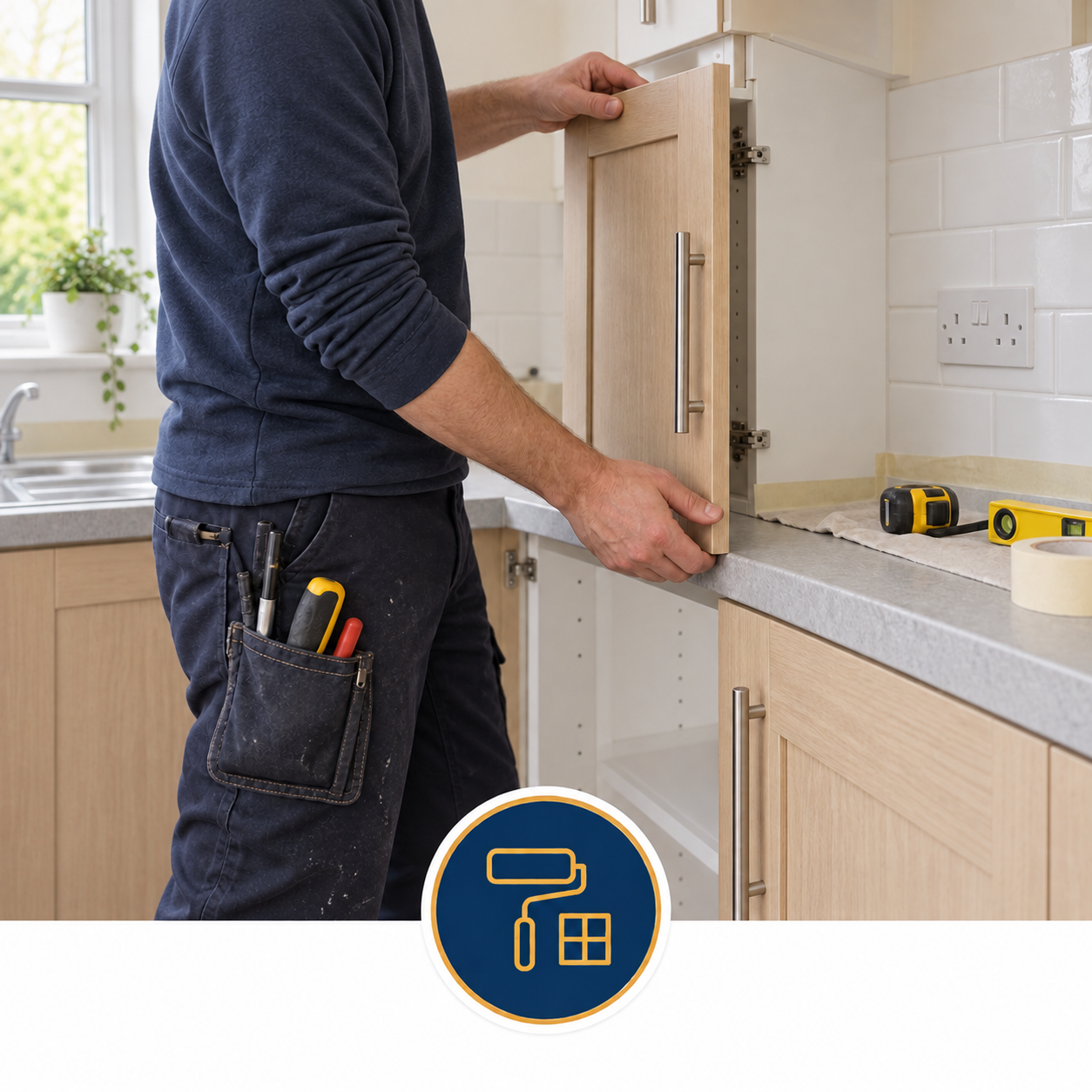 Person fitting a kitchen cupboard door