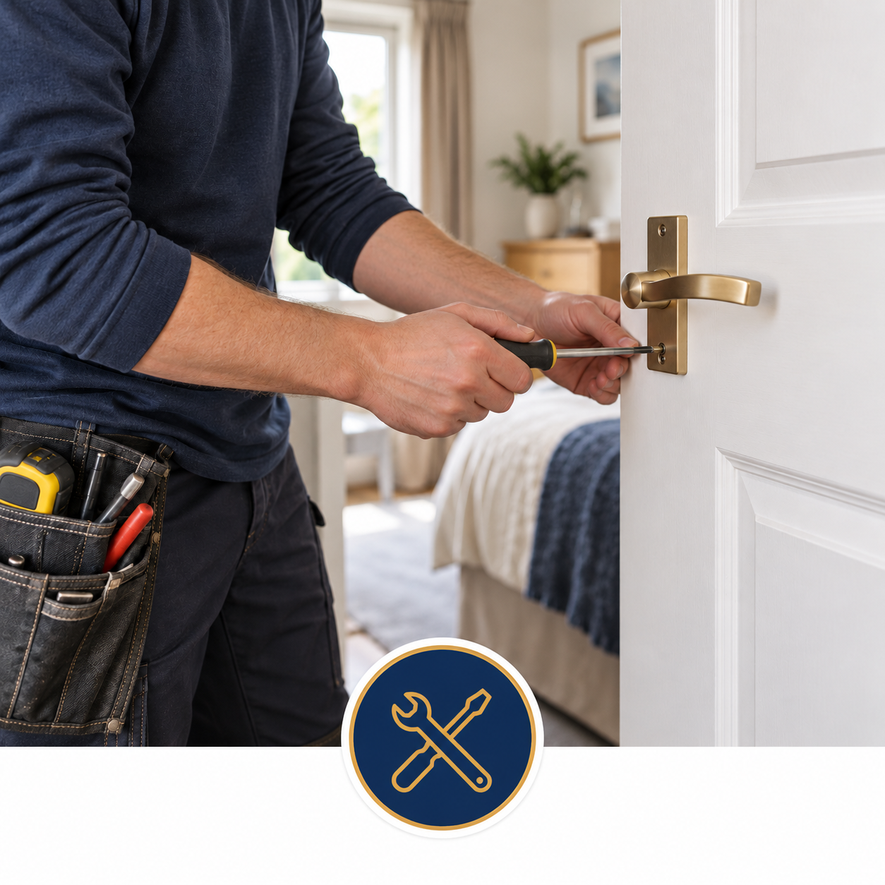 Person repairing a door handle in a rental property