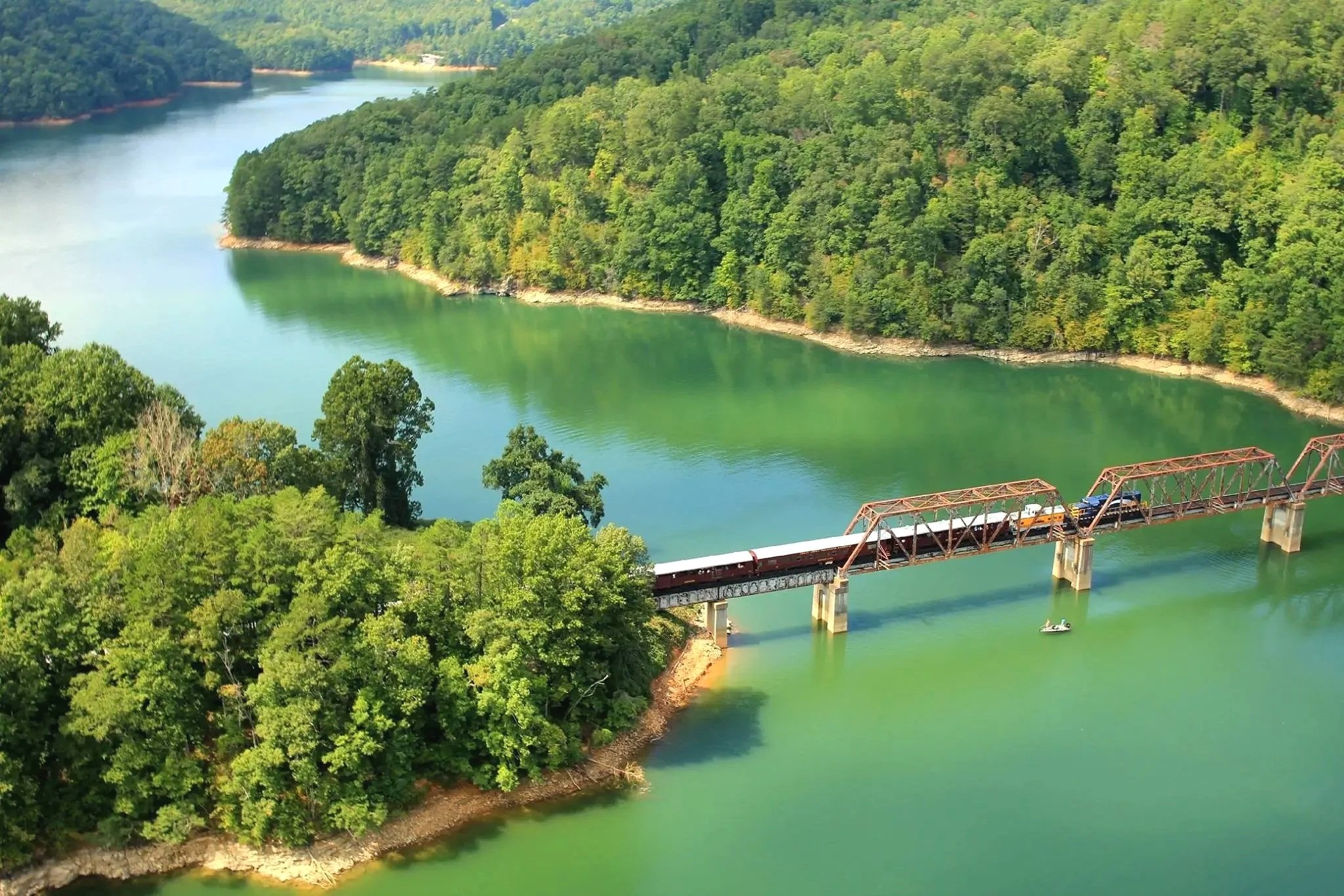 A river winding through a lush green forest with a train crossing a bridge over the water.