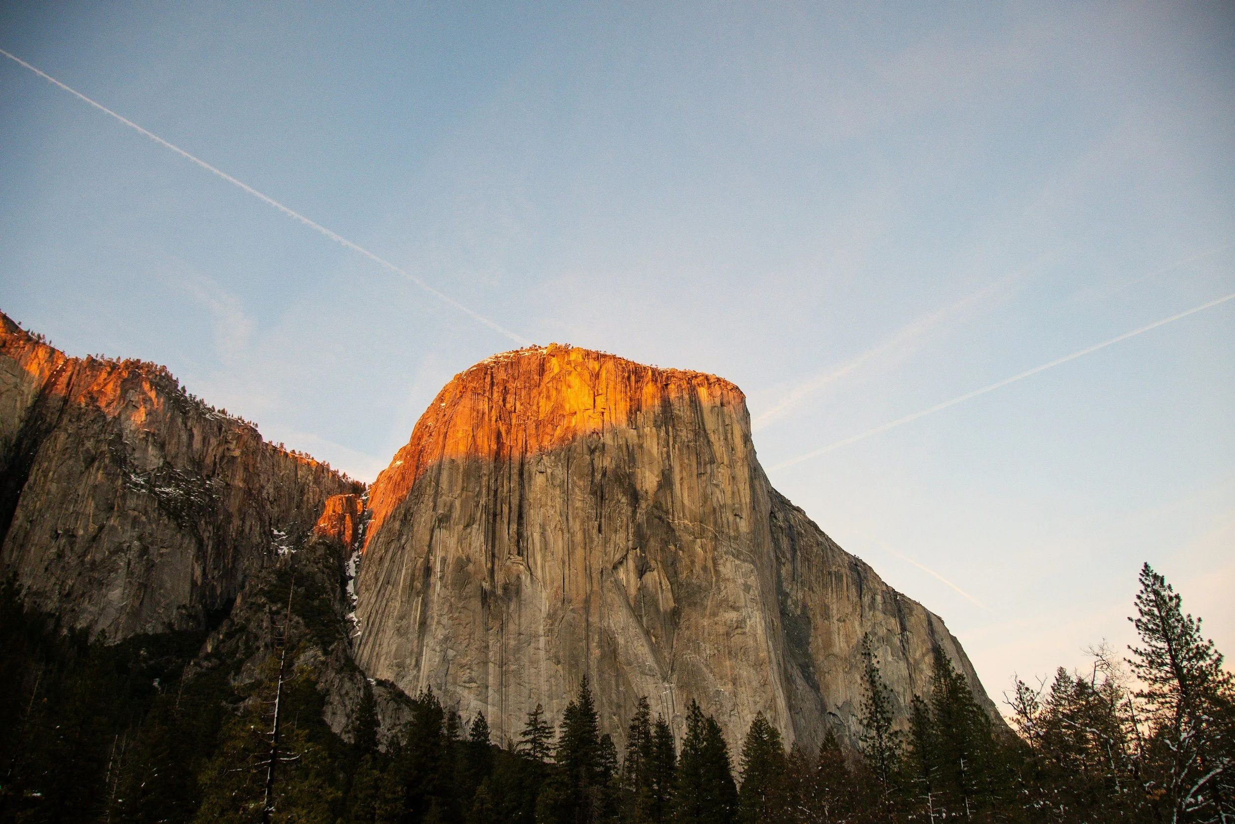 A large mountain, El Capitan, illuminated by the setting or rising sun, with a clear blue sky and several contrails above, and a forest at the base.