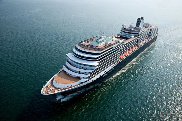 A large cruise ship sailing on the ocean with multiple decks and outdoor amenities.