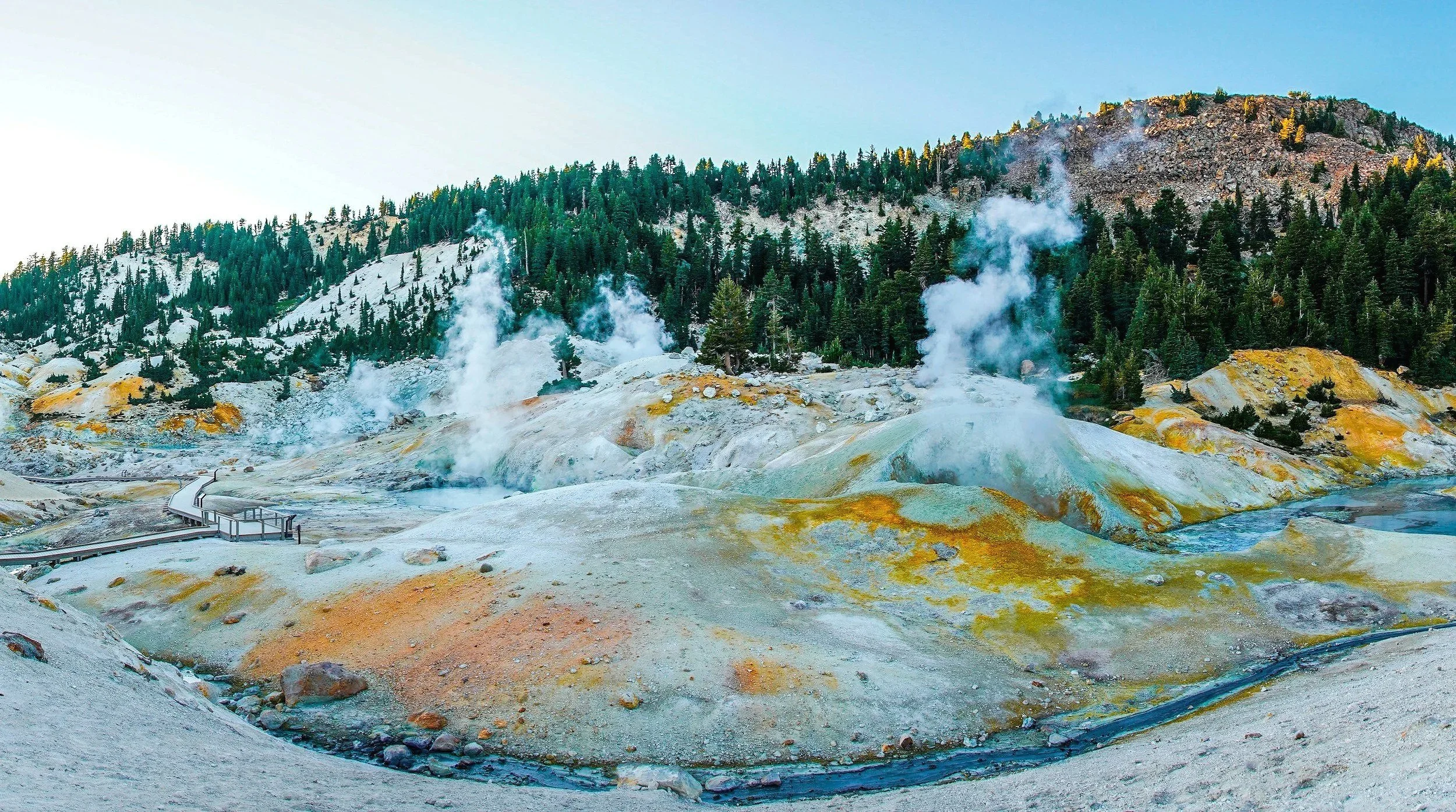 Geothermal area with steaming vents, colorful mineral deposits, pine trees on a hillside, and a wooden walkway in the foreground.