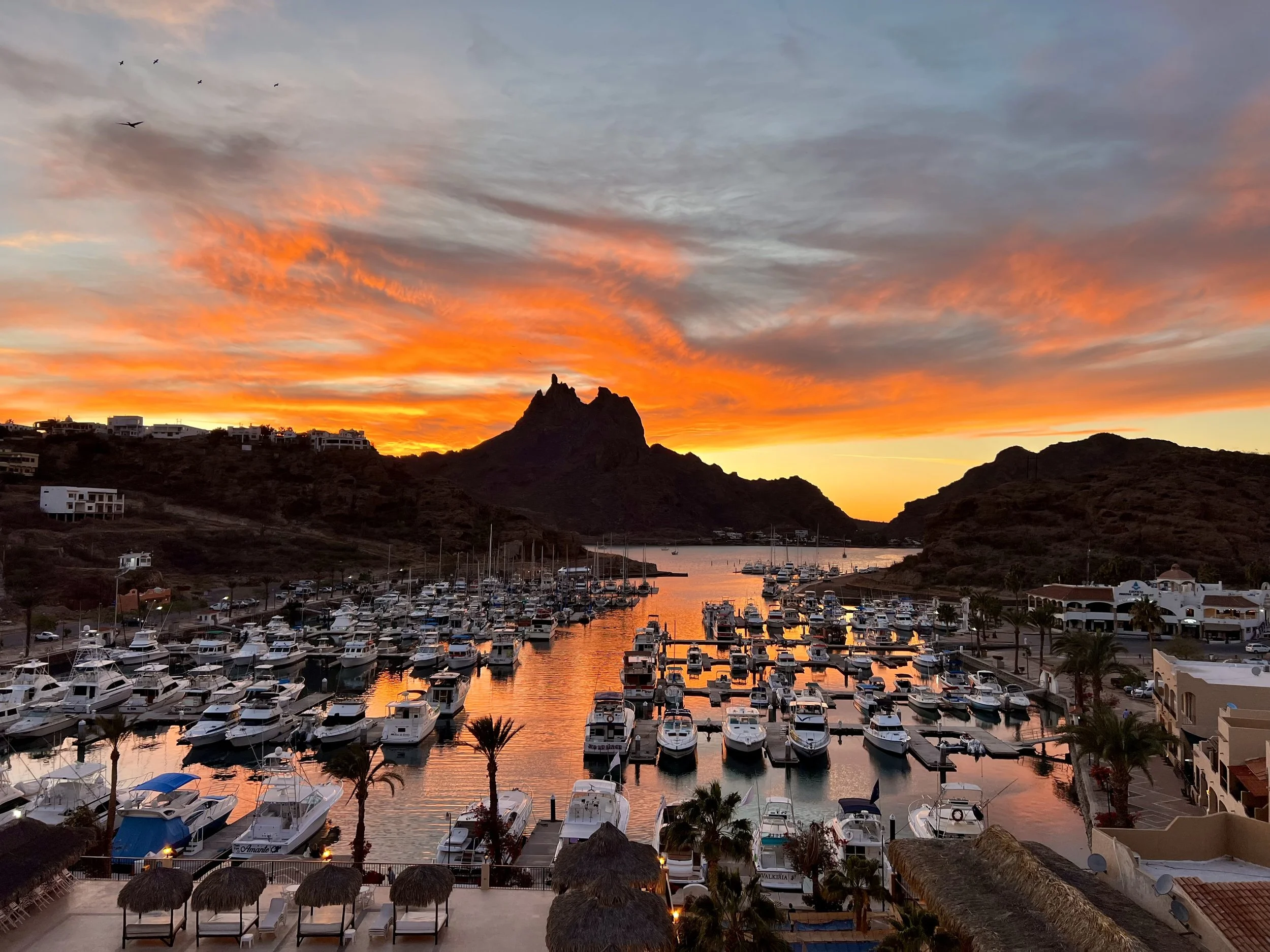 A marina during sunset with boats docked and a mountain in the background, sky painted with orange and pink clouds and birds flying overhead.