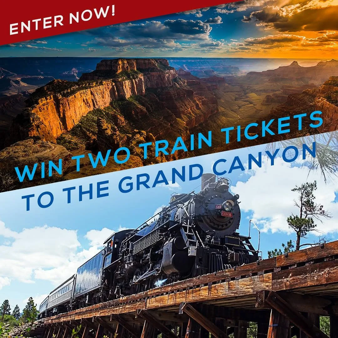 A scenic view of the Grand Canyon with a train on a wooden bridge, and promotional text announcing a contest to win two train tickets to the Grand Canyon with a sunset sky in the background.