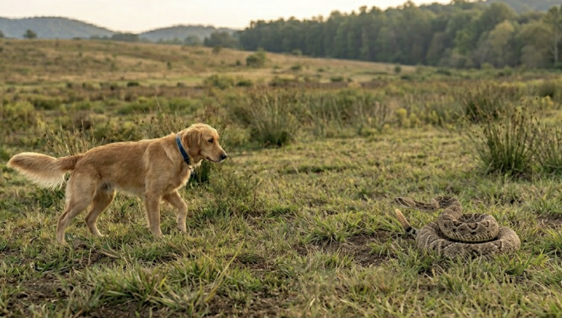 A golden retriever puppy with a blue collar looks at a coiled rattlesnake in a grassy field during daytime with rolling hills and trees in the background.