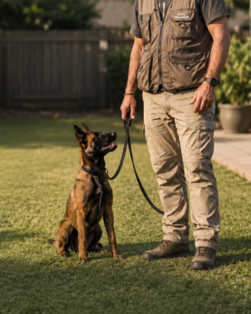 A dog trainer in uniform standing outdoors with a Belgian Malinois dog on a leash, in a backyard with grass and a wooden fence.