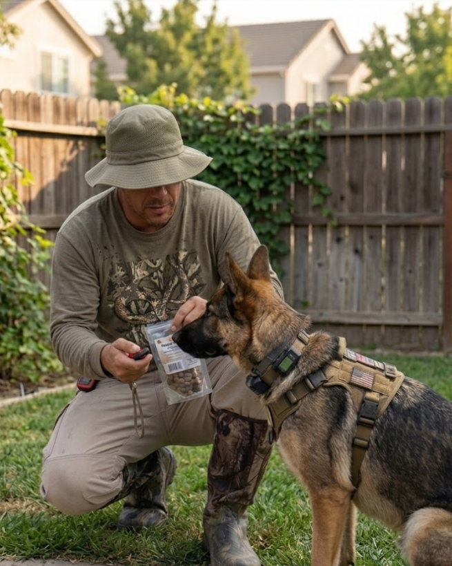 A man with a wide-brimmed hat kneeling on grass, handing a bag of dog treats to a German Shepherd wearing a tactical harness in a backyard with a wooden fence and green shrubbery.
