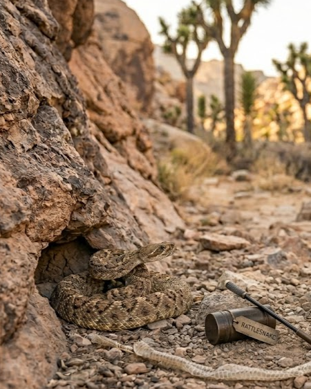 A rattlesnake coiled near a rocky desert landscape with Joshua trees, with a rattlesnake rattle and a snake hook labeled "RATTLESNAKE" nearby.