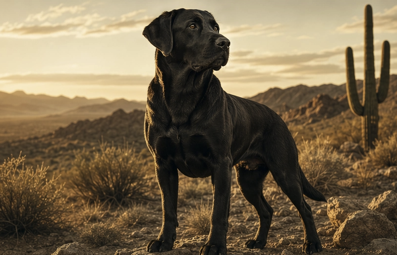 Black dog standing in desert landscape with cacti and mountains at sunset.