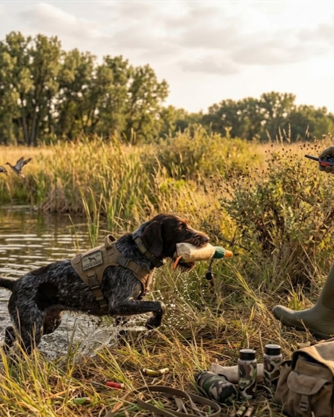 A hunting dog retrieving a duck from the water near a grassy shoreline, with hunting gear and bottles on the ground and a person holding a phone nearby.