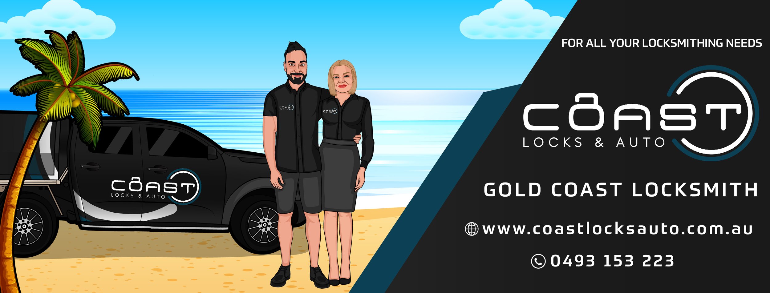 Beach scene with a palm tree, a black car with Coast Locks & Auto logo, and two people in black uniforms standing in front of the car. Text on the right side advertising Coast Locks & Auto locksmith services with contact information.