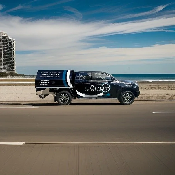 A black pickup truck with advertising for Coast locks and auto service company parked on a beachside road with the ocean and sky in the background.