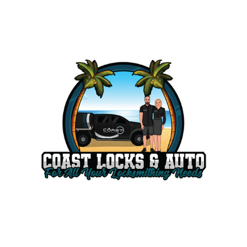 Logo for Coast Locks & Auto featuring two people standing in front of a black vehicle on a beach with palm trees, ocean, and sky in the background, with the tagline 'For All Your Locksmithing Needs'.