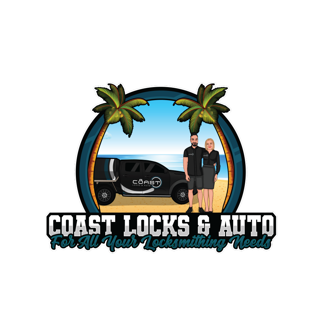 Logo for Coast Locks & Auto featuring a beach scene with two palm trees, a black vehicle with the logo, and two people standing in front, with the text "COAST LOCKS & AUTO For All Your Locksmithing Needs."