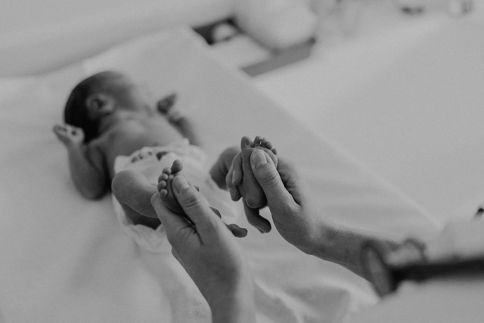 Photo en noir et blanc des petits pieds d’un nouveau-né tenus délicatement par la pédiatre