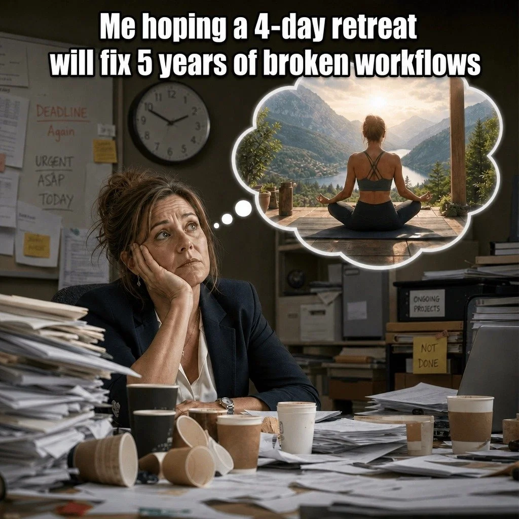 A stressed woman sitting at a cluttered desk with piles of papers and coffee cups, thinking about going on a 4-day retreat for relaxation, depicted as a serene scene of a woman practicing yoga in a mountainous landscape.