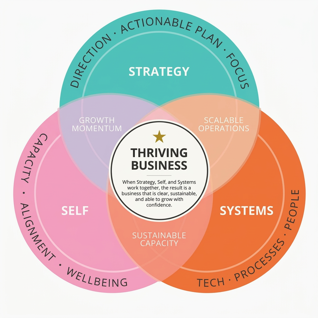 Venn diagram illustrating components of thriving business: strategy, systems, and self, with overlapping areas highlighting growth, scalability, and well-being, centered around a definition of a thriving business.