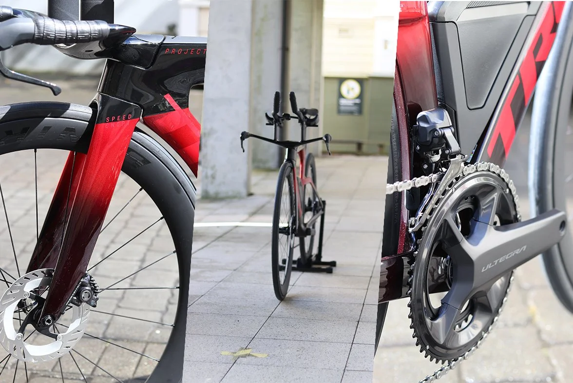 A collage of a black and red road bike with disc brakes, a black stationary bike, and a close-up of a bicycle's gear and chain mechanism. Fara Manuel Nolasco Photography. Wellington, New Zealand.