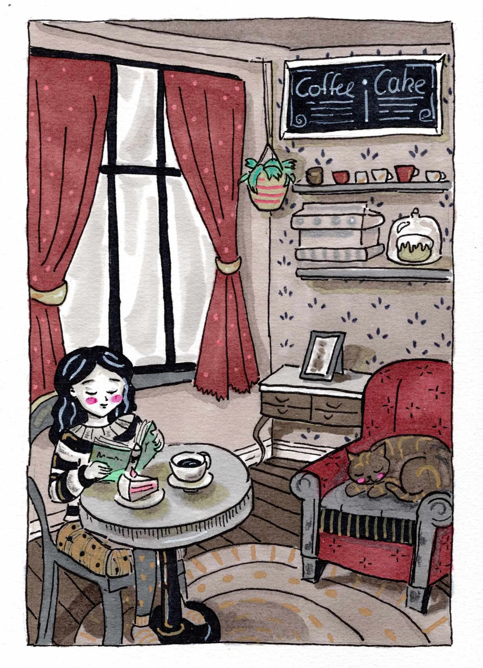 Cozy Reading im Katzencafé – FineArt Kunstdruck – 13x18cm