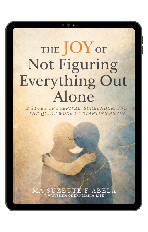 Book cover titled "The Joy of Not Figuring Everything Out Alone" by Ma Suzette Fabela with a subtitle about survival, surrender, and starting again, featuring an illustration of two people hugging with a stormy sky background.