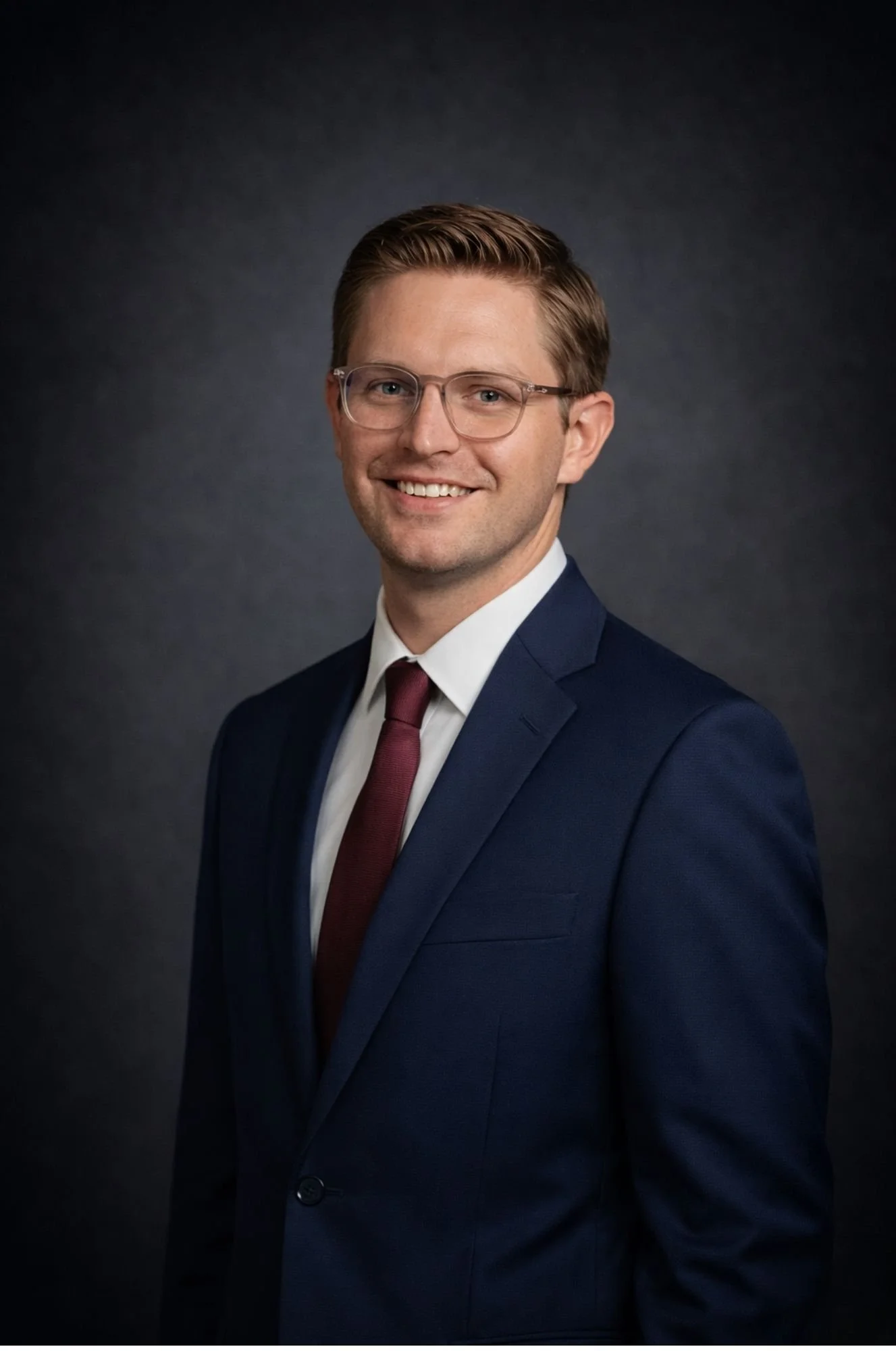 Portrait of a man in a navy blue suit, white shirt, and maroon tie, smiling against a dark background.