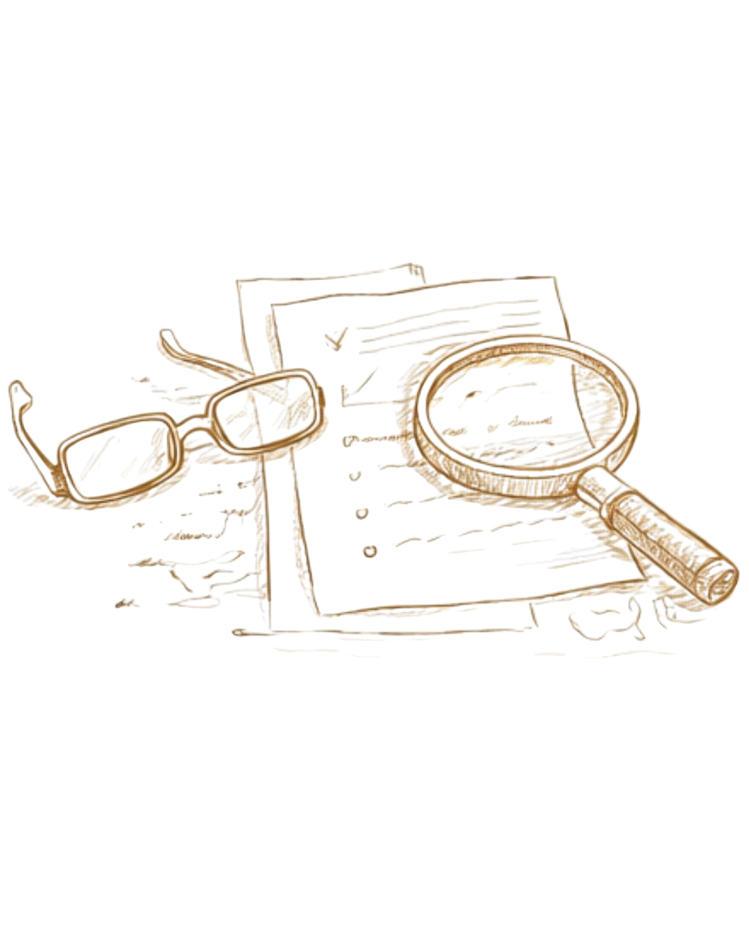 A pair of eyeglasses, a microscope, and a folder of documents arranged on a surface.