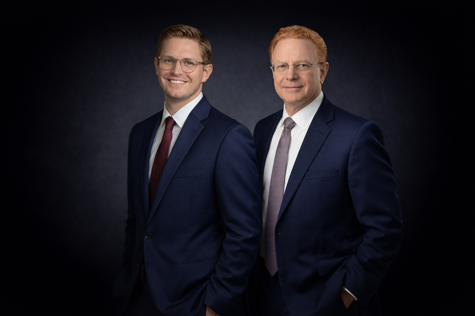 Two men in dark suits, white shirts, glasses, and ties standing against a black background, smiling at the camera.