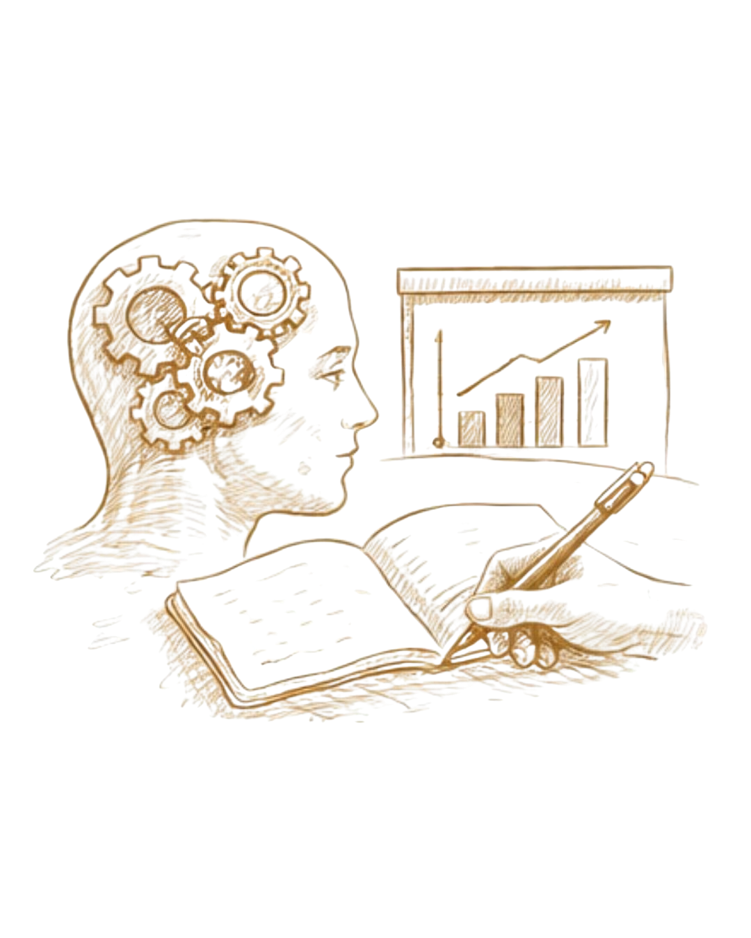 Illustration of a human head with gears inside, a bar graph with an upward arrow on a computer screen, a hand writing in a notebook, and an open book, symbolizing thinking, growth, learning, and knowledge.