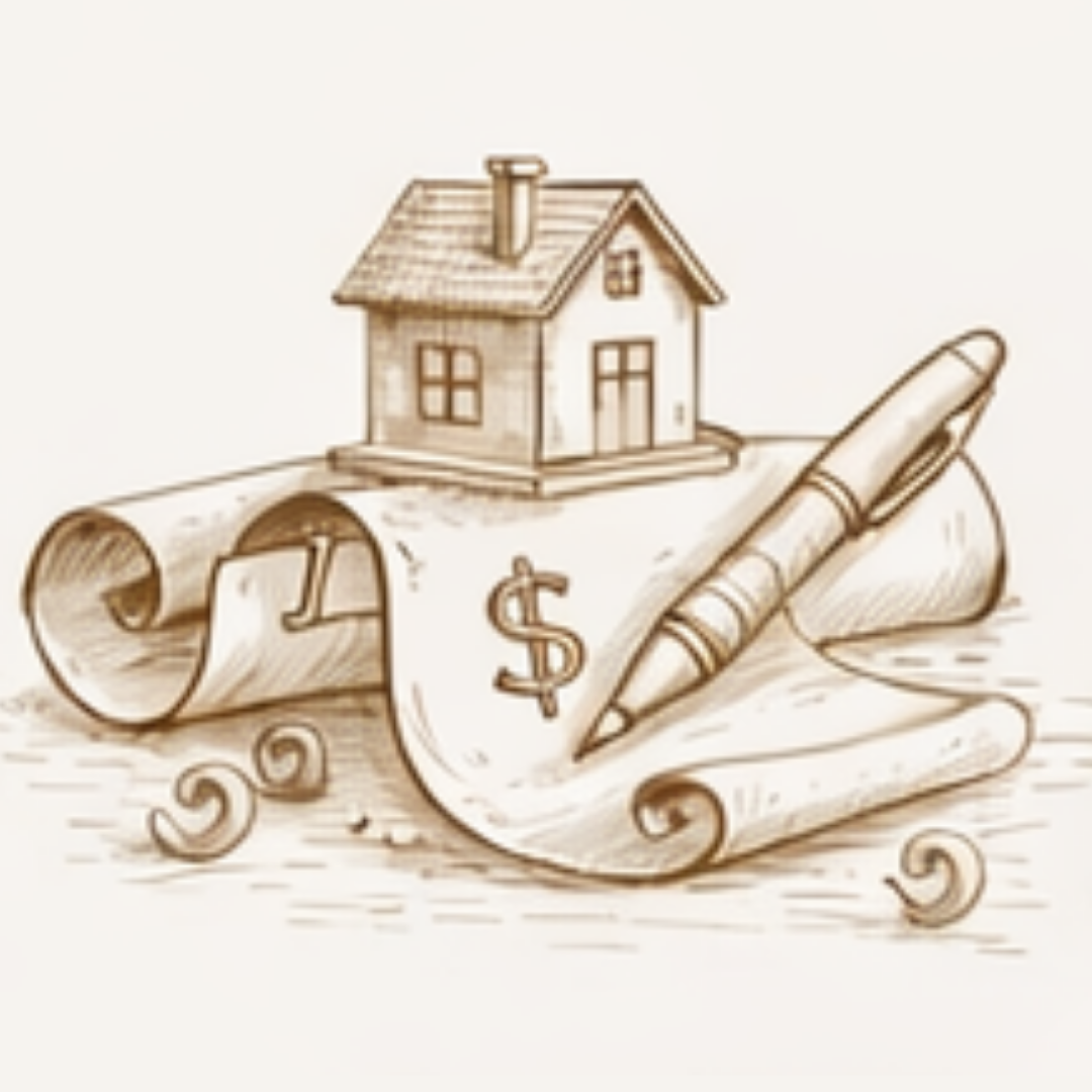 Sketch of a rolled blueprint with a house model on top, a pen, and dollar sign, symbolizing real estate or mortgage planning.