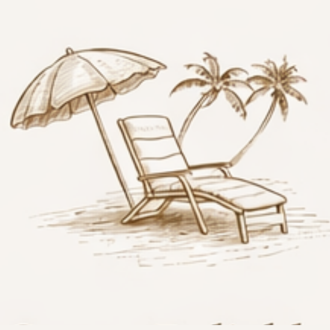 Line drawing of a beach chair with an umbrella and two palm trees in the background.