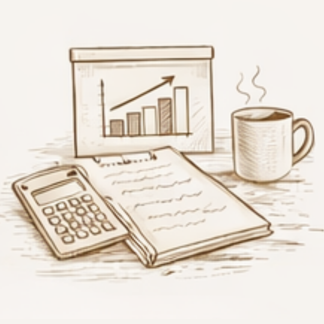 Sketch of a desk with a calculator, a notebook with writing, a coffee mug, and a presentation board showing an upward trending bar graph.