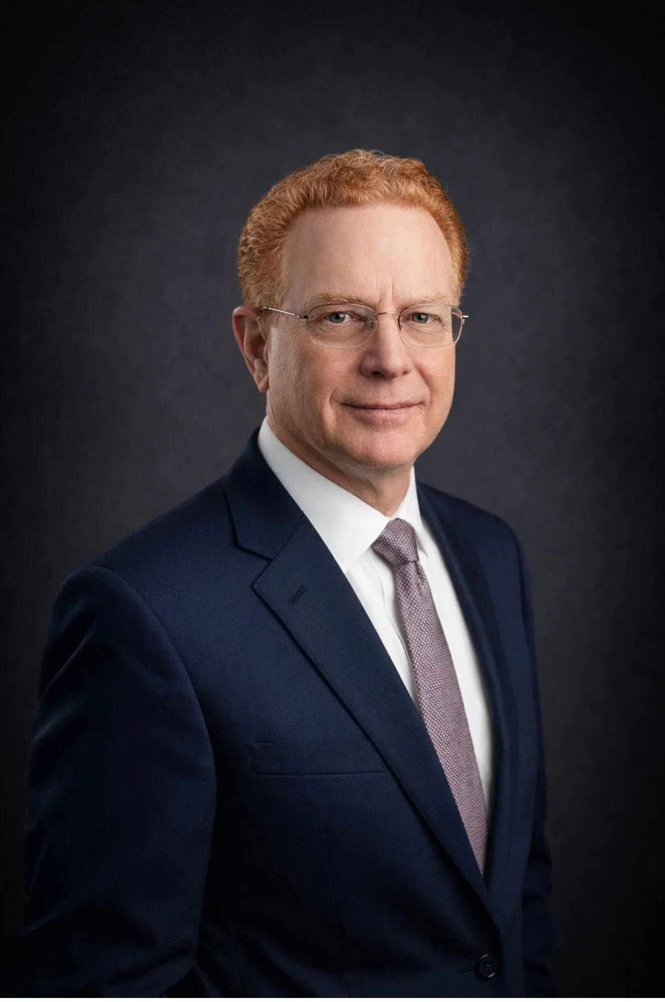 Professional portrait of a middle-aged man with red hair and glasses, wearing a dark suit, white shirt, and a light purple tie, against a dark background.