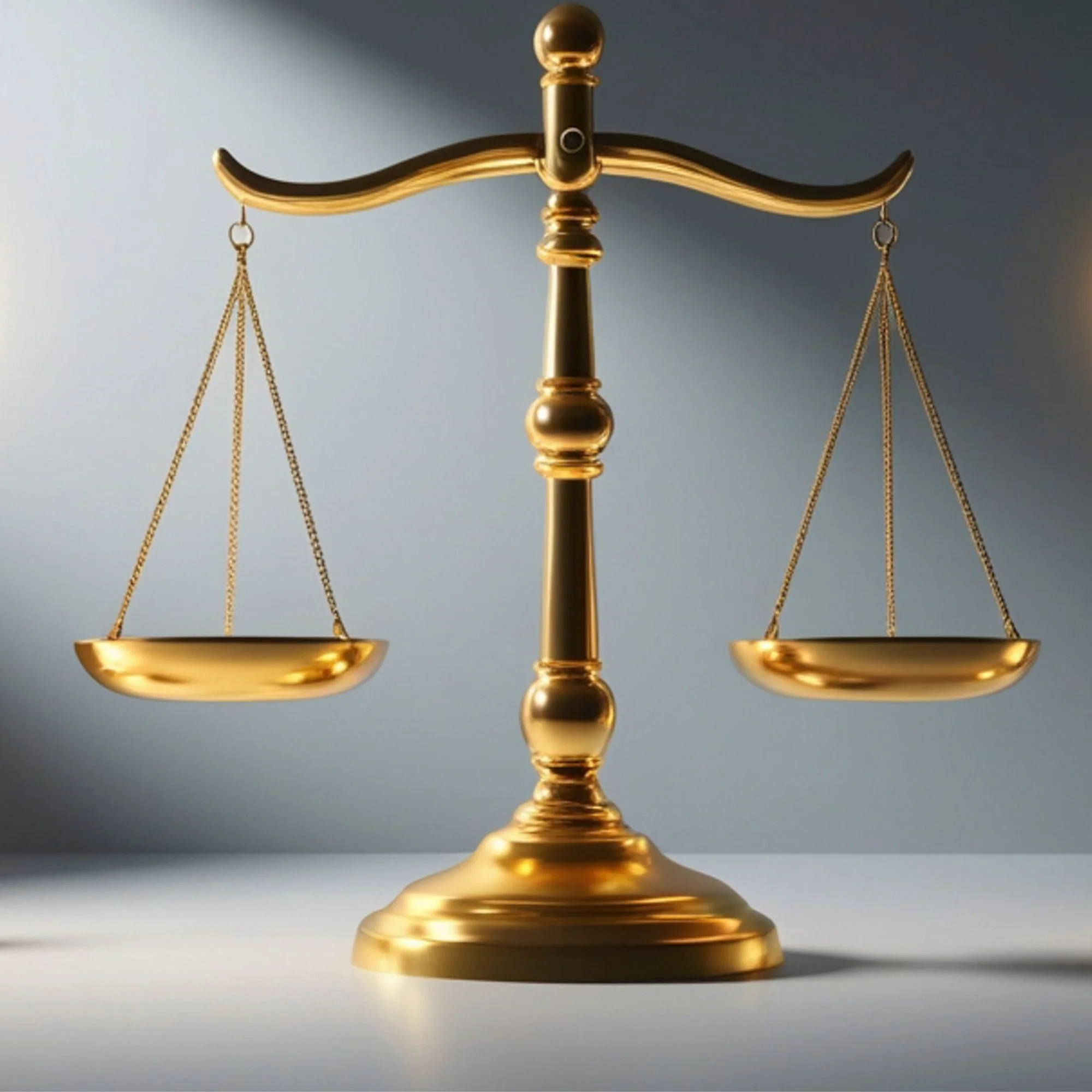 Gold balance scale on a table with a curved arm and hanging pans, against a neutral background.