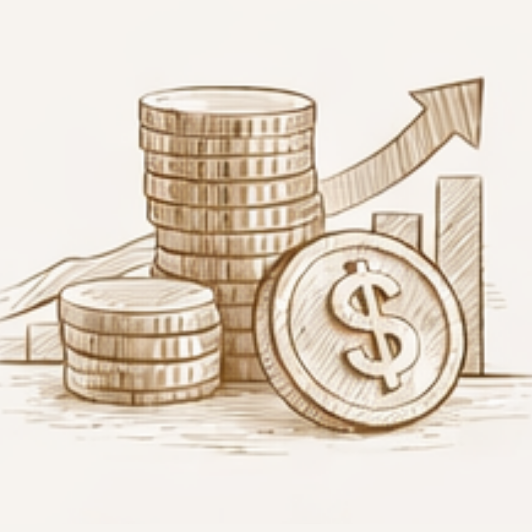 Drawing of stacked coins with a dollar sign and upward arrow, second graph on background showing growth.