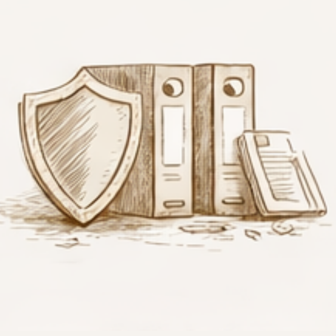 Drawing of a shield and three file folders, one slightly open, with a piece of paper and paperclip nearby.