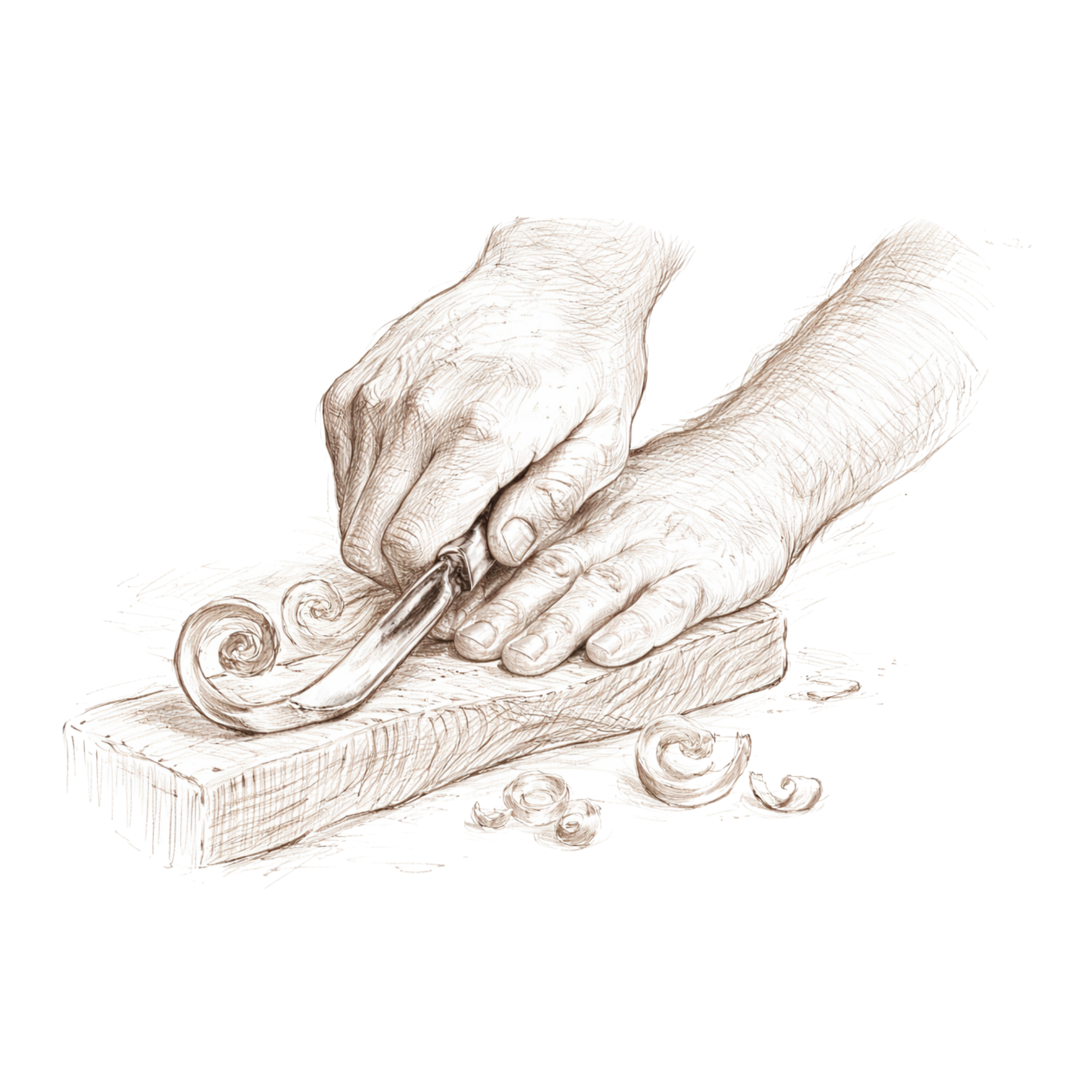 Sketch of a person carving wood with a chisel, hands and wood shavings visible.