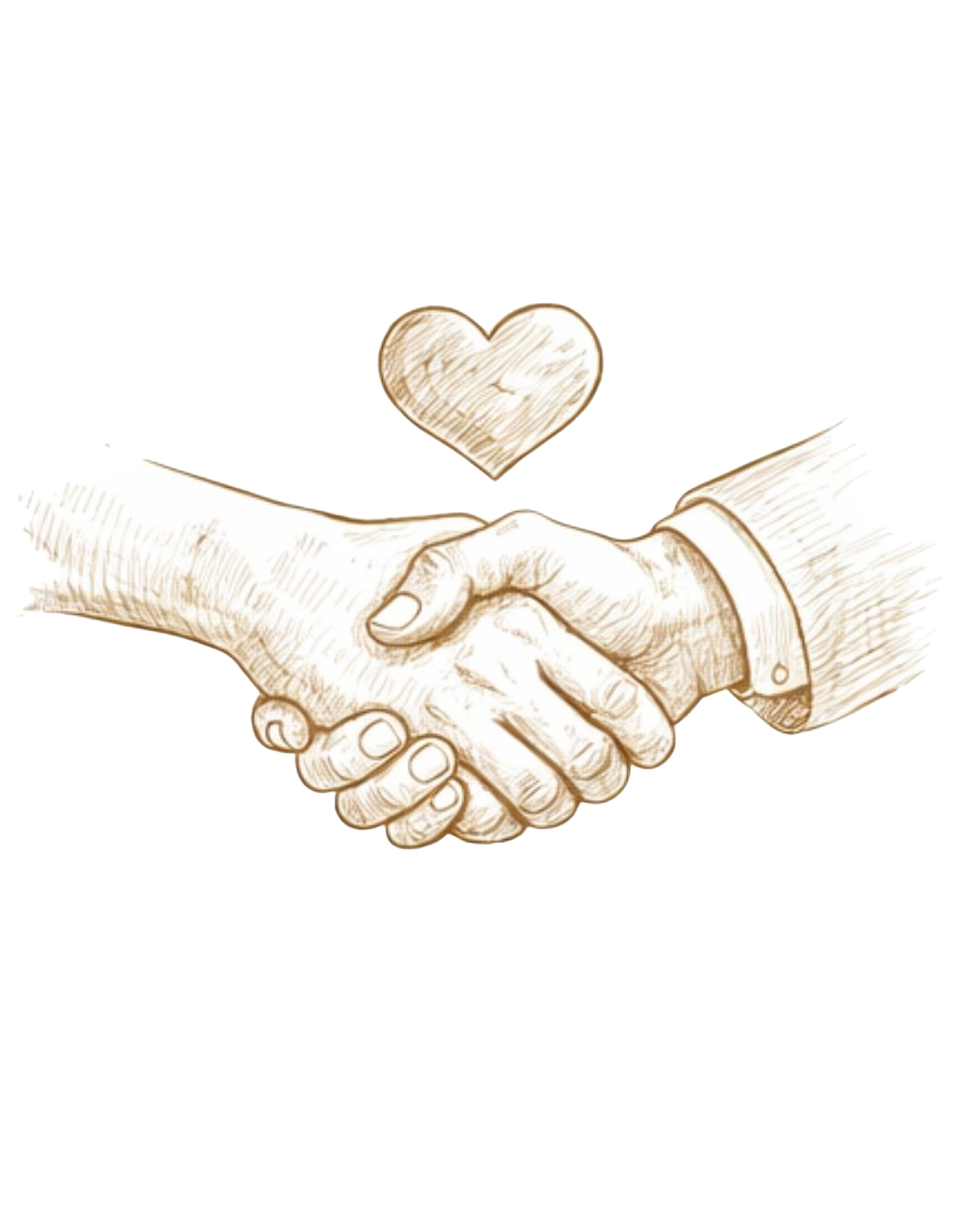 Illustration of two hands in a handshake, with a heart above them.