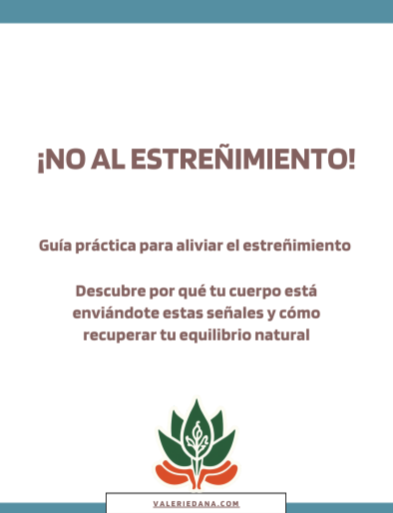 Portada de un folleto que dice '¡No al estreñimiento! Guía práctica para aliviar el estreñimiento. Descubre por qué tu cuerpo está enviándote estas señales y cómo recuperar tu equilibrio natural', con un símbolo de una planta y manos en la parte inferior.